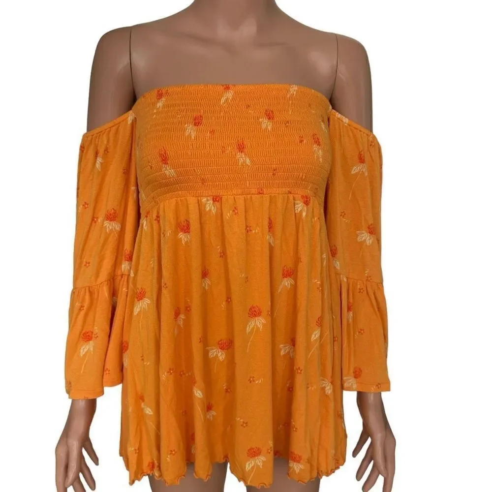 Free People Womens Lana Orange Floral Smocked Blouse Top size S